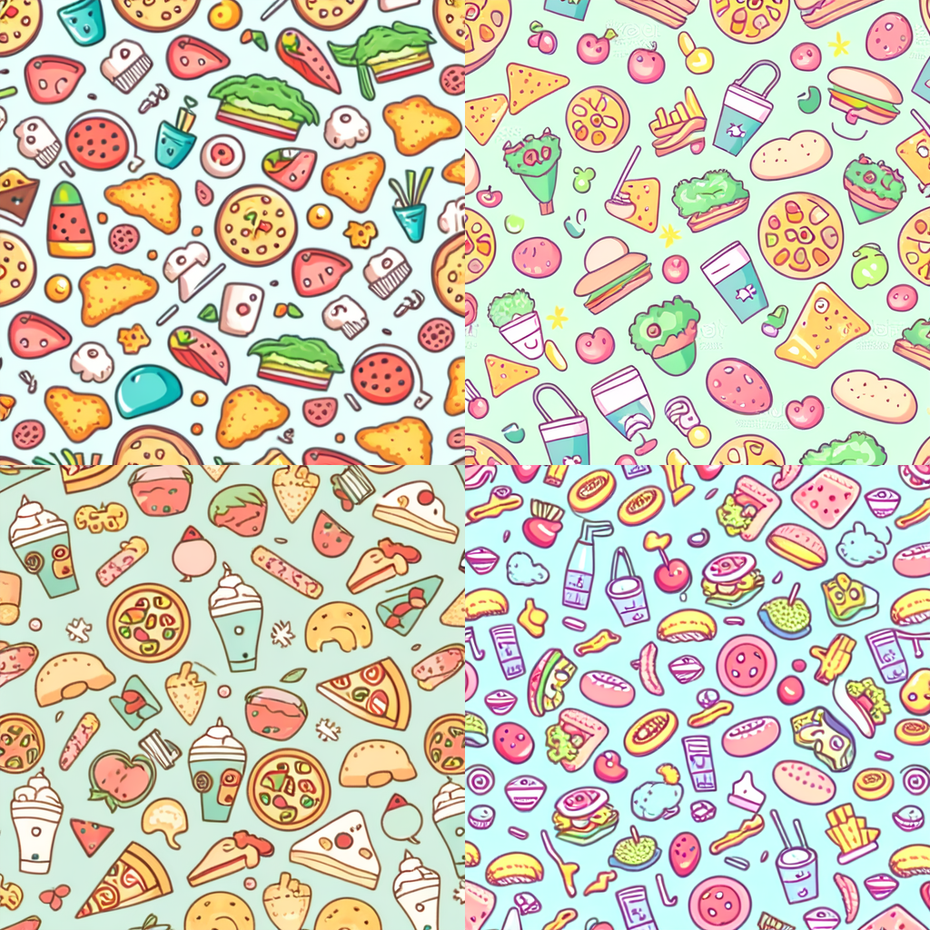 Dense repetitive pattern of overlapping cartoon food with happy faces, includes sushi, pizza, cheeseburger, hotdog, ice cream cone, and broccoli, line art, simple pastel color palette, implied depth