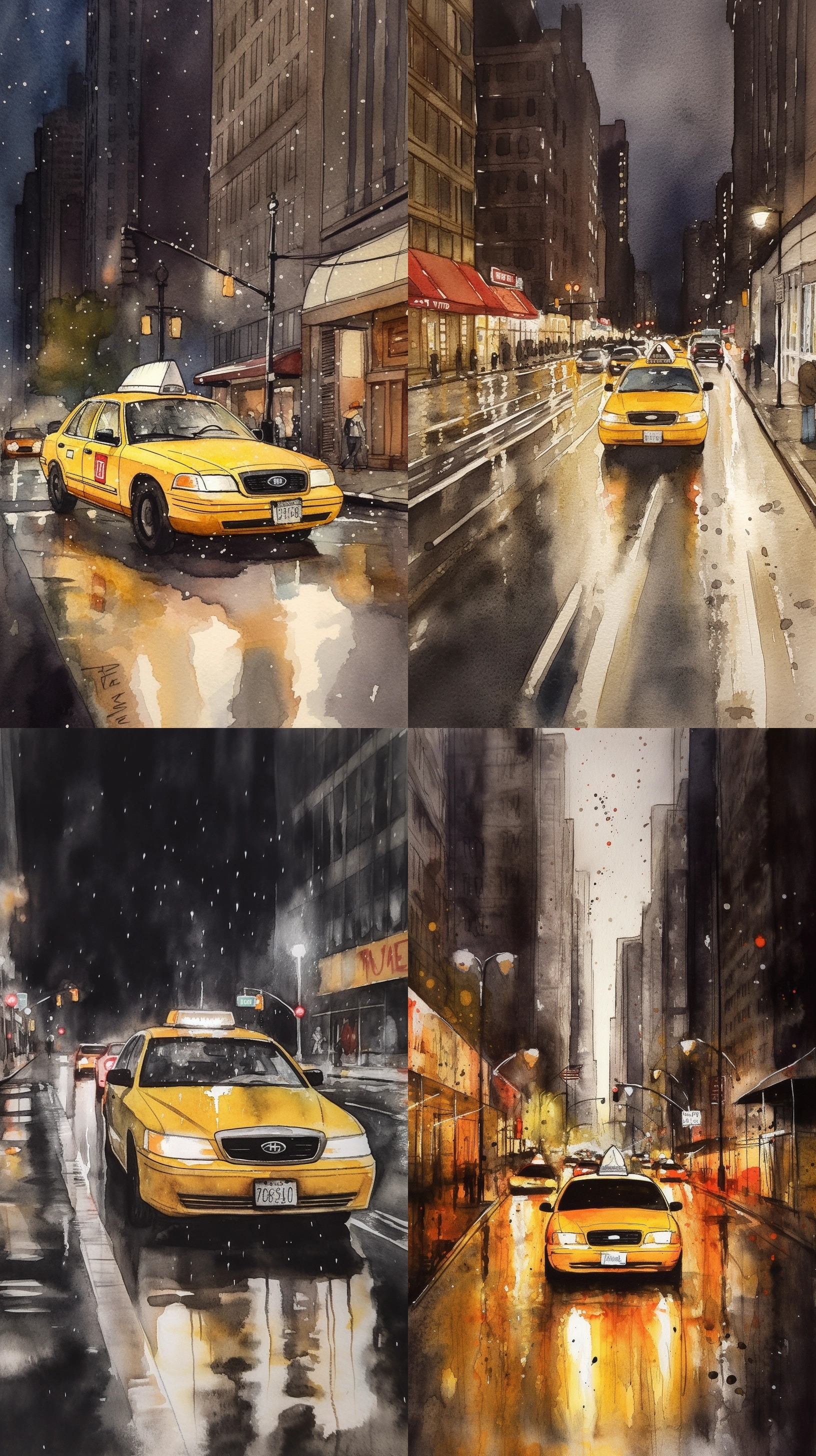 NYC midtown cab in the rain, at night, in yellow and red watercolor sketch drawing, detailed, view from the street up --ar 9:16 --v 5