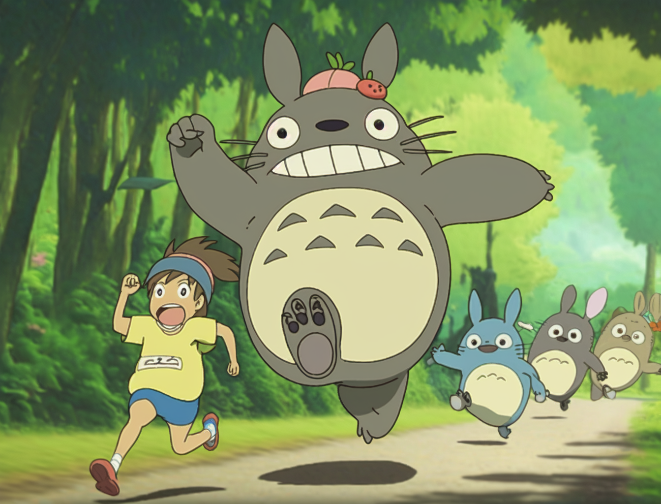 Totoro running a marathon, smiling, wearing a headband, Studio Ghibli art style --ar 4:3 --niji