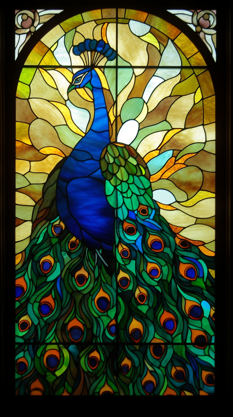 grandiose peacock, stained glass, backlit, colorful, 16k, vibrant --v 5 --ar 9:16