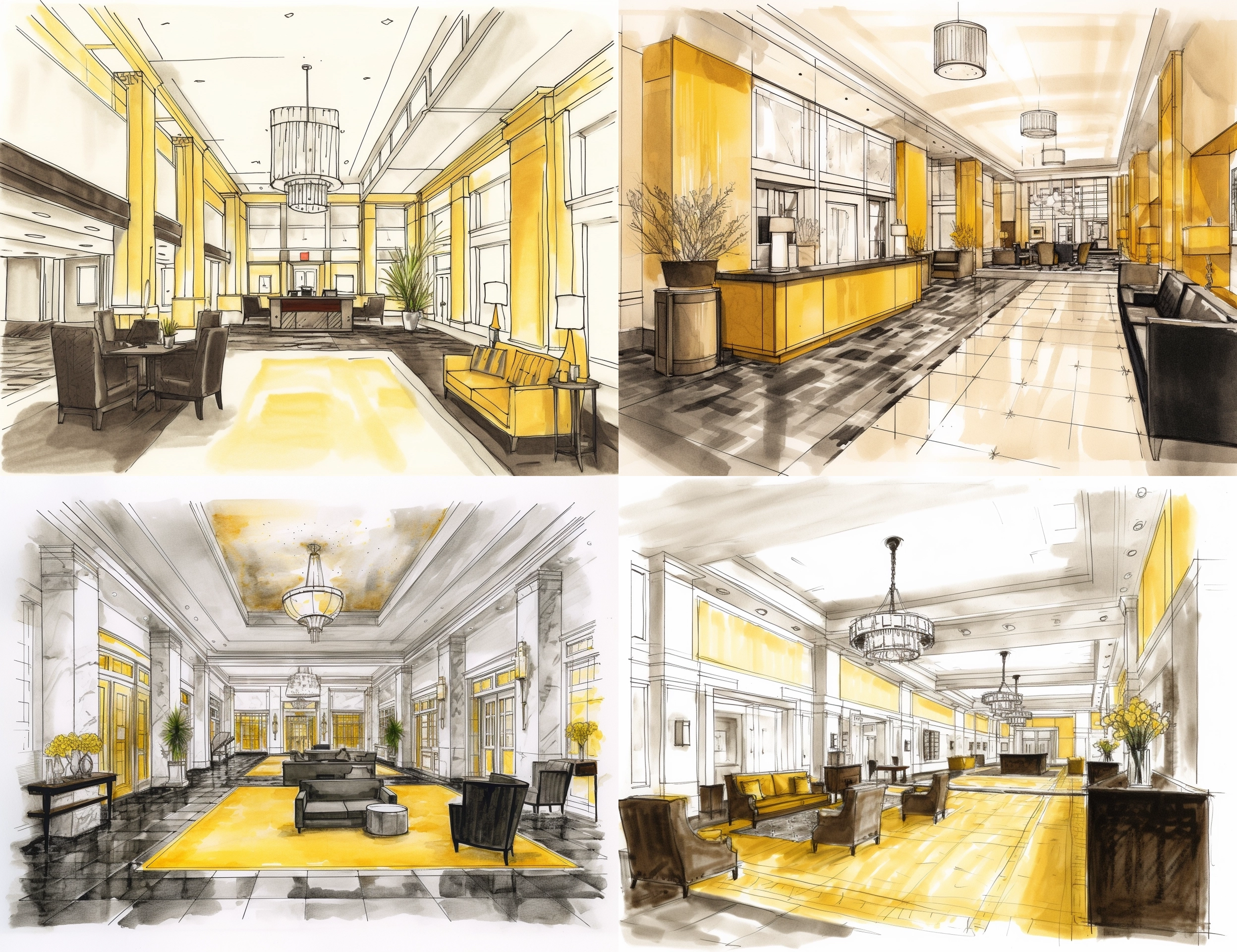 spacious hotel lobby, line drawing, three-point perspective, watercolor, black and white with yellow highlights --ar 22:17 --v 5