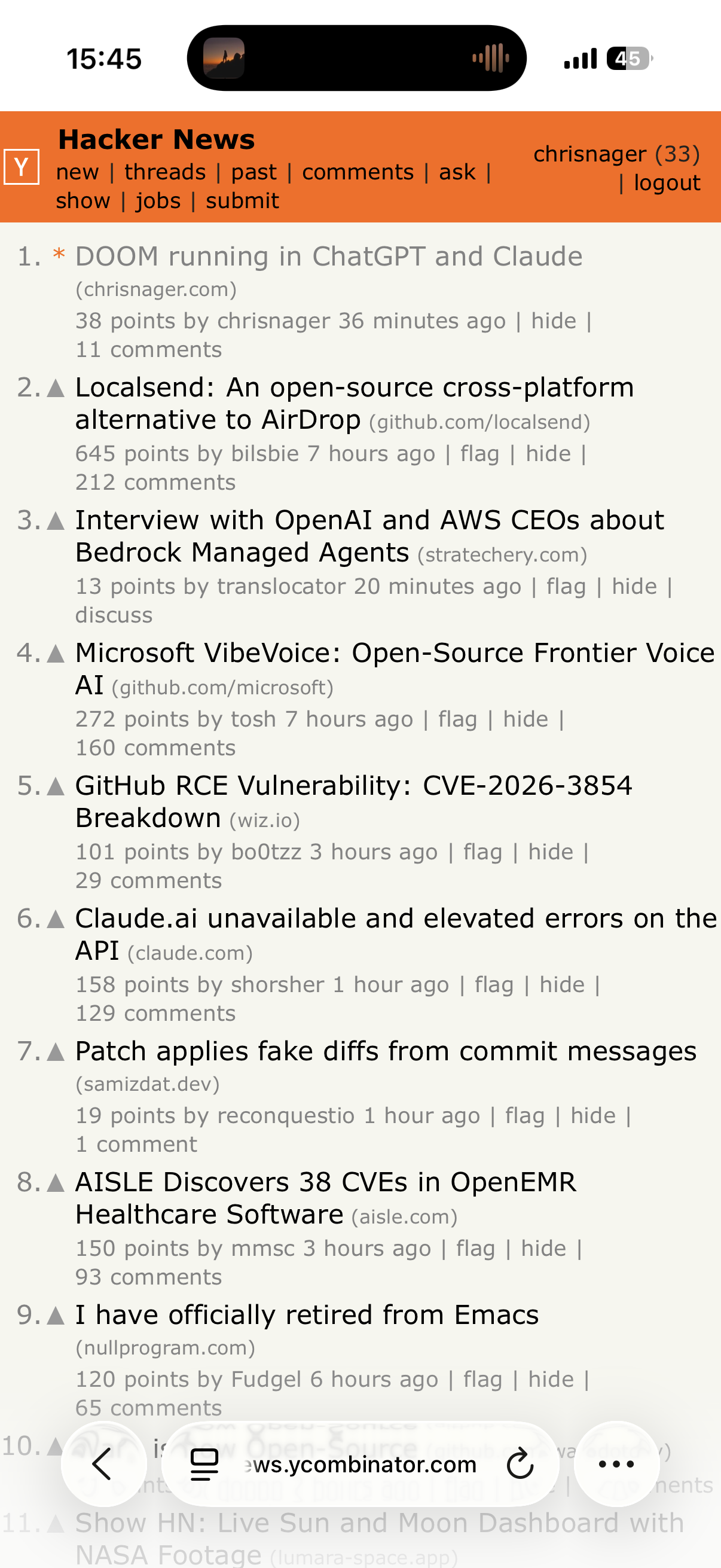 Chris Nager's DOOM MCP app blog post at the top spot on Hacker News